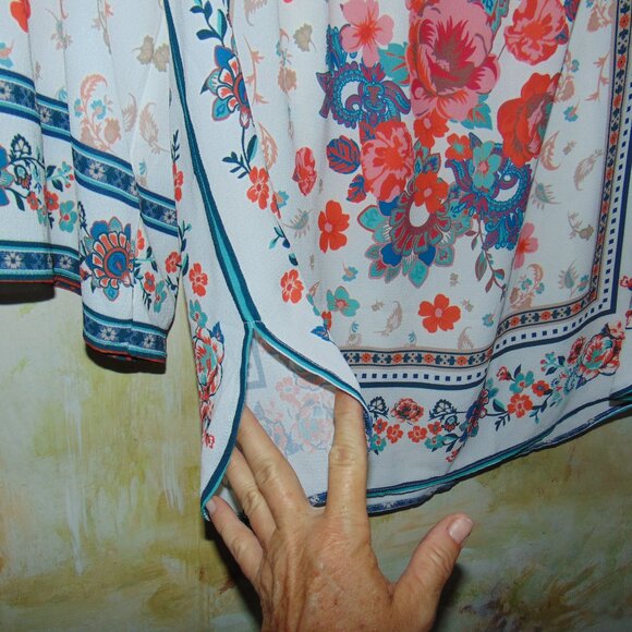 Forever 21 Shirt Mixed Floral Flutter Sleeve Boho Smocked Off Shoulder Blouse M - Picture 5 of 6